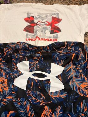 Under Armour White Tee & Black Floral Logo Top — White, Black, Blue, Orange
